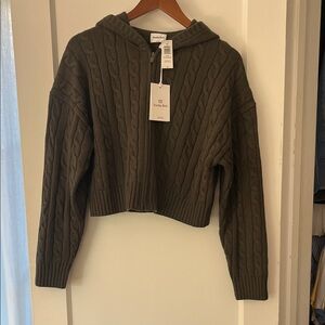 Aritzia Sunday Best Olive Cable Knit Zip Hoodie Sweater NWT